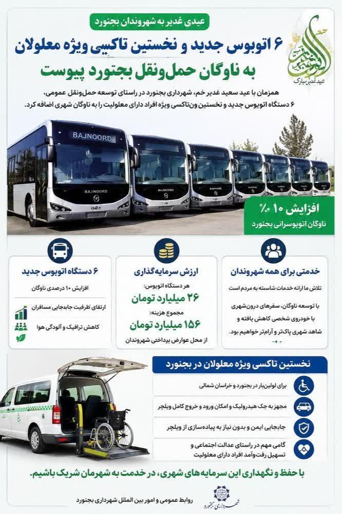 #اینفوگرافیک/ ۶ اتوبوس جدید و نخستین تاکسی ویژه معلولان به ناوگان حملونقل بجنورد پیوست